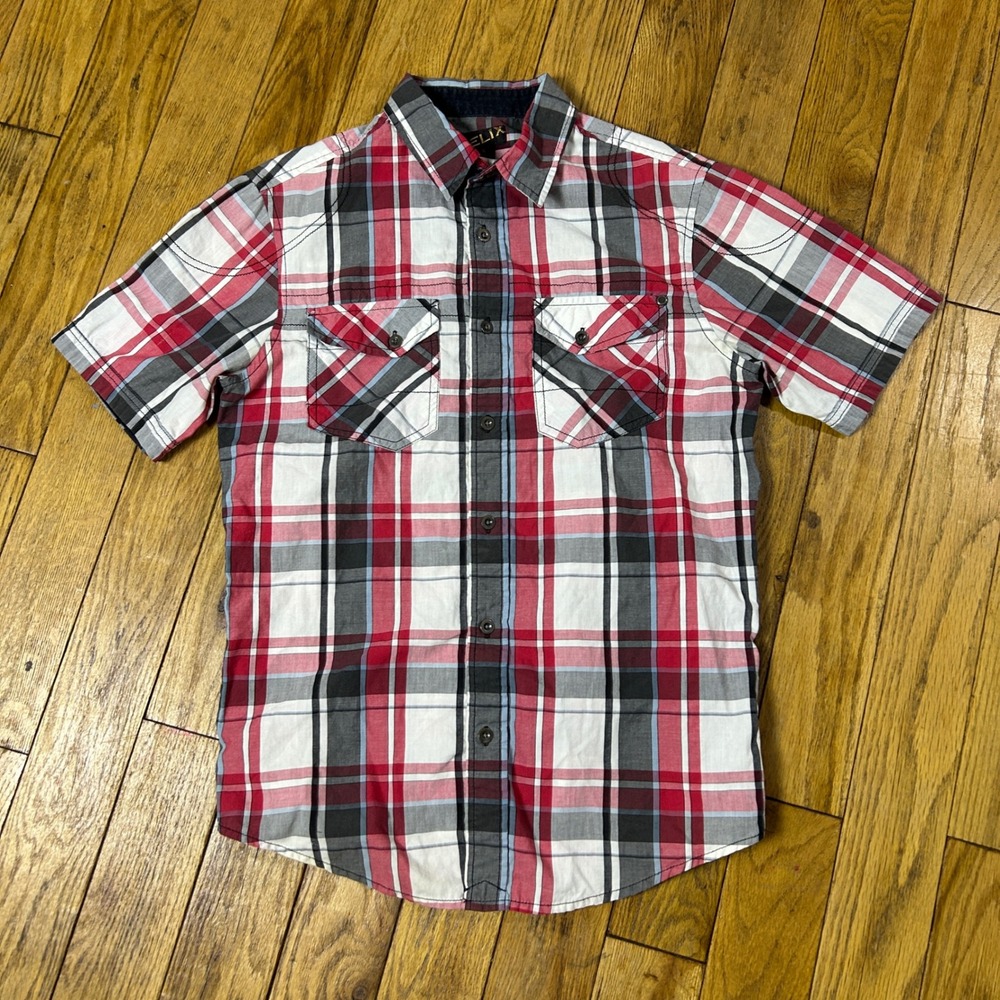 Helix Mens Small Plaid Short Sleeve Button Down Shirt Red White Black Pockets